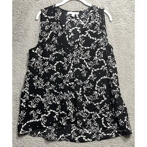 Fever Black White Floral Sleeveless Blouse Top L Polyester V Neck